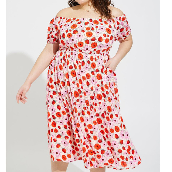 Torrid‎ 1 (1X 14/16) Retro Chic Strawberries & Flowers Off Shoulder Midi Dress - Picture 2 of 4